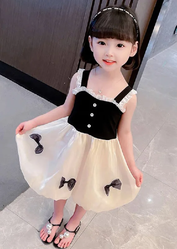 Boutique Black Square Collar Lace Patchwork Bow Silk Girls Vacation Slip Mid Dress Summer Lace Dress Classic