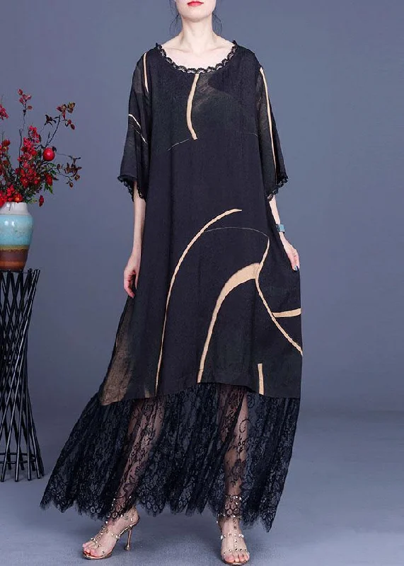 Natural Black Silk Print Patchwork Lace Vacation Dresses Summer Lace Shift Dress