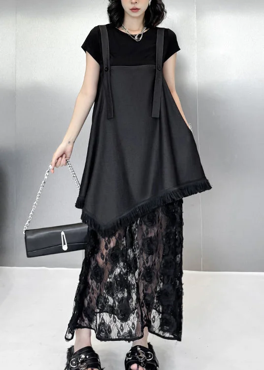 Original Design Black Ruffled Lace Strap Dress Summer Lace Dress Fit