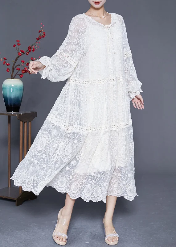 Bohemian White Embroideried Patchwork Hollow Out Lace Maxi Dress Lantern Sleeve Lace Detail Gown