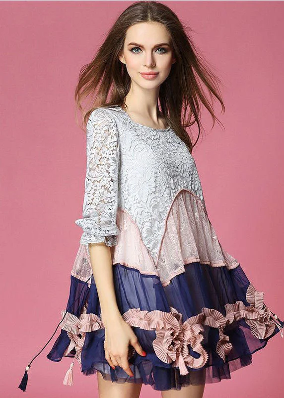 Chic Colorblock Asymmetrical Design Patchwork Lace Vacation Dress Half Sleeve Lace Dress Modern