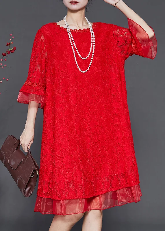 Handmade Red Oversized Patchwork Lace Mid Dress Flare Sleeve Lace Detail Dress