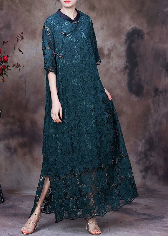 Women Green Button Embroideried Side Open Lace Long Dress Half Sleeve Lace Dress Trendy