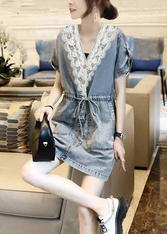 Women Blue V Neck Lace Patchwork Tie Waist Holiday Mid Dress Short Sleeve Lace Dress Glamorous