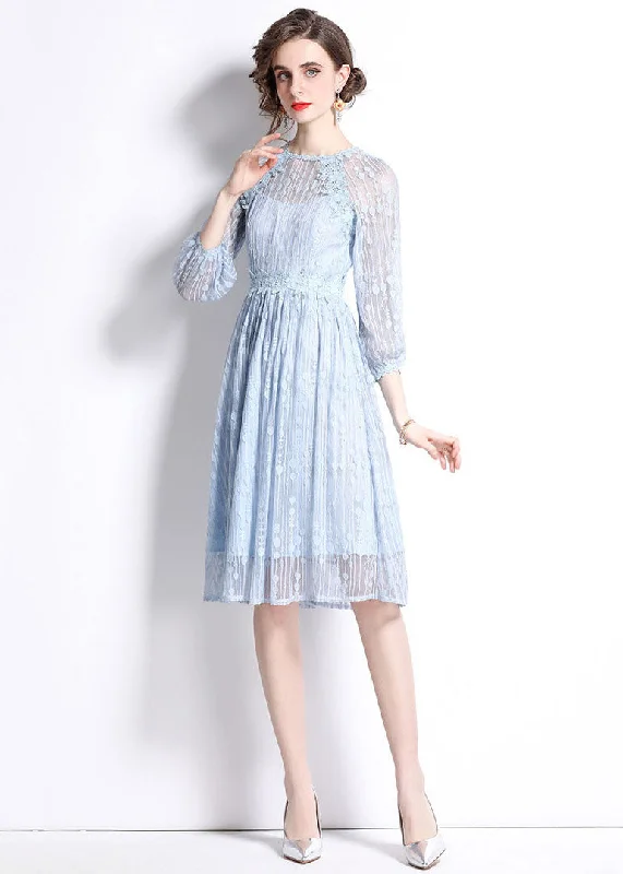 Women Sky Blue Embroideried Wrinkled Patchwork Lace Mid Dress Summer Lace Dress Flare