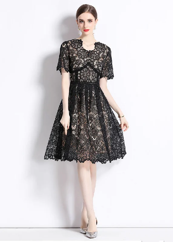 Modern Black Hollow Out Wrinkled Patchwork Lace Mid Dress Summer Lace Dress Elegance