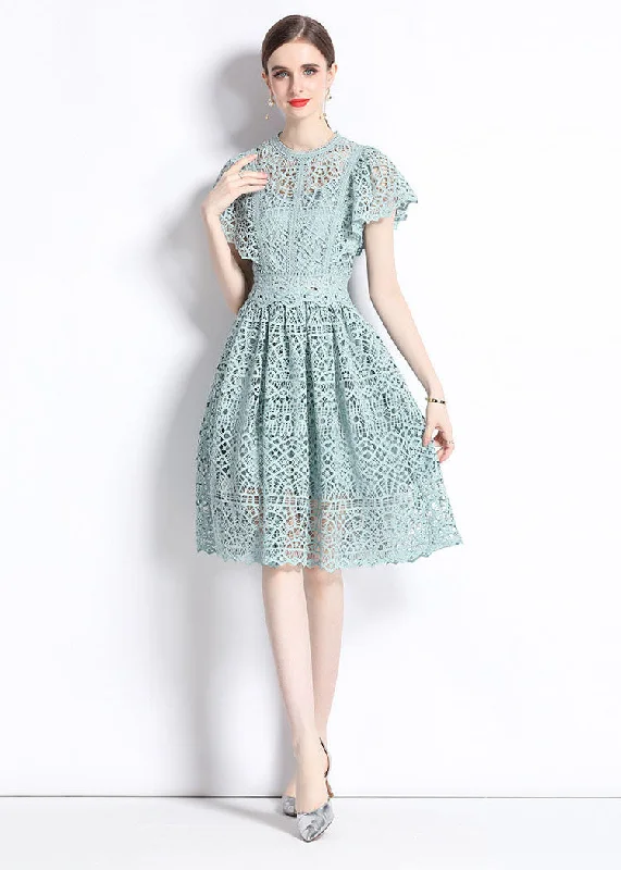 New Hollow Out Embroideried Wrinkled Patchwork Lace Mid Dress Butterfly Sleeve Lace Party Gown