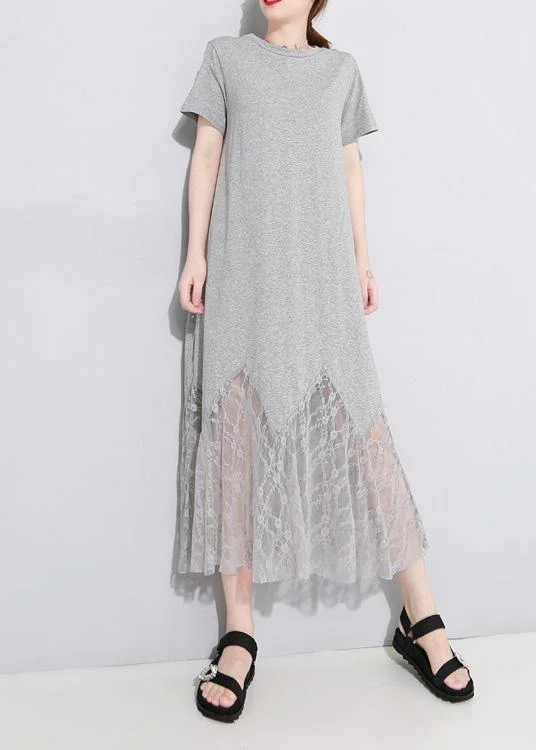 Chic gray cotton clothes Women lace patchwork Maxi summer hollow out Dresses Lace Mini Dress