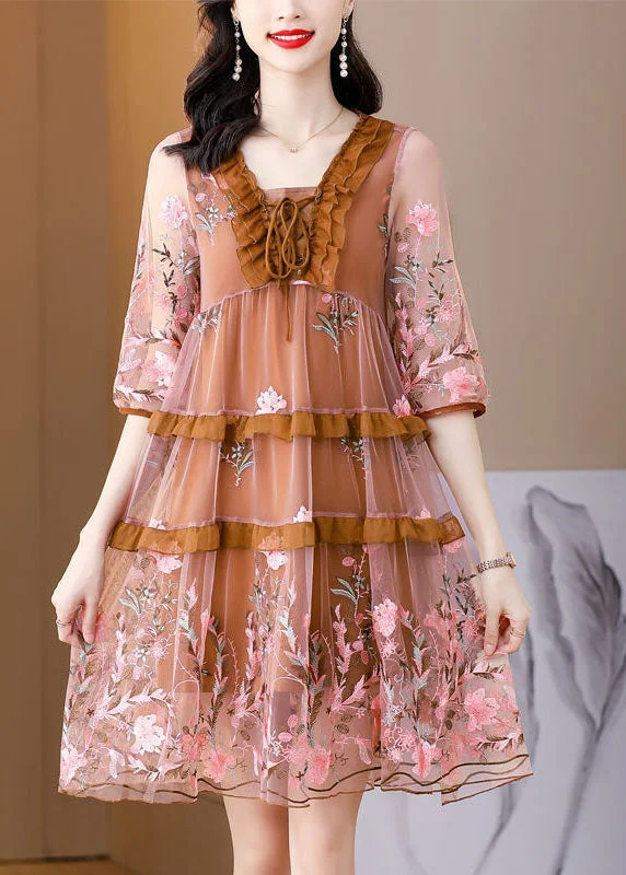 DIY Chocolate Embroideried Ruffled Lace Up Organza Dresses Half Sleeve Lace Dress for Weddings