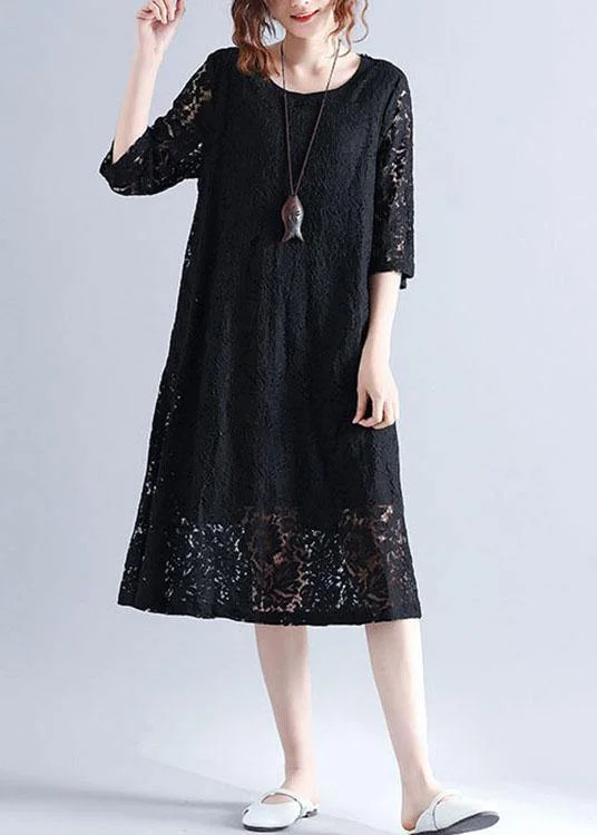 Elegant Black Loose Lace Summer Half Sleeve Summer Dress Lace Dress Set