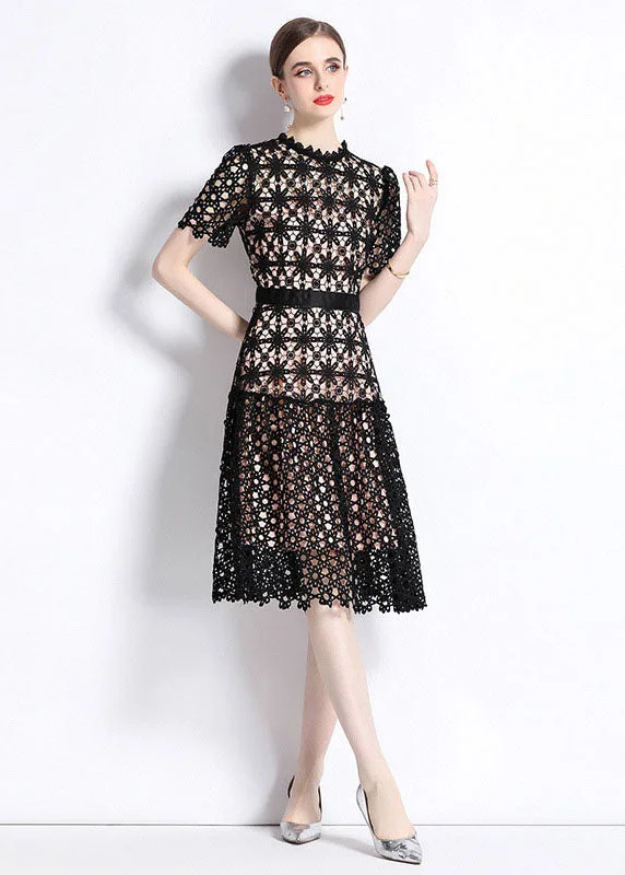 Women Black Embroideried Hollow Out Patchwork Lace Dress Summer Lace Dress Layers