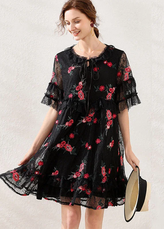 Women Black Embroideried Patchwork Lace Mid Dress Short Sleeve Romantic Lace Dress