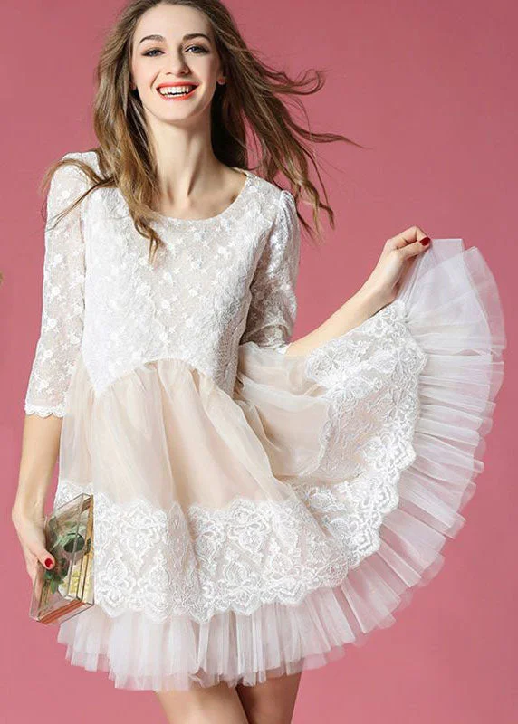 White Patchwork Lace Organza Day Dress O-Neck Exra Large Hem Summer Tiered Lace Gown