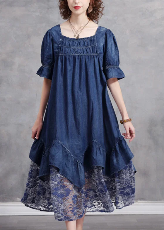 Simple Blue Square Collar Asymmetrical Lace Patchwork Cotton Vacation Dresses Short Sleeve Lace Dress Style