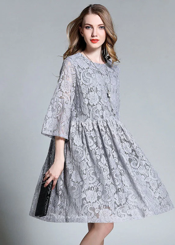 Beautiful Grey O-Neck Patchwork Solid Lace Maxi Dresses Bracelet Sleeve Chic Lace Dress