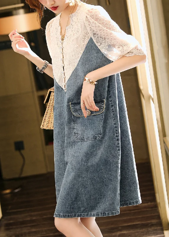 Loose Blue Embroideried Lace Patchwork Dress Half Sleeve Lace Overlay Dress