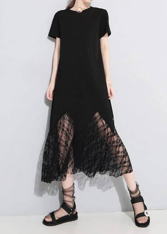 Classy lace patchwork cotton tunic dress Outfits black Art Dress summer hollow out Lace Fit-and-Flare