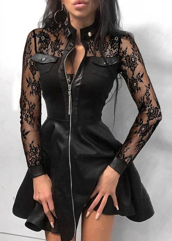 Style Black Lace Zip Up Patchwork Faux Leather Mid Dress Long Sleeve Full Lace Dress