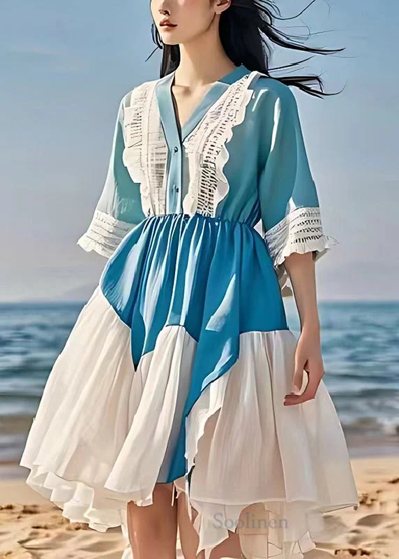 Diy Sea Blue V Neck Patchwork Lace Linen Mid Dress Summer Ruffled Lace Dress