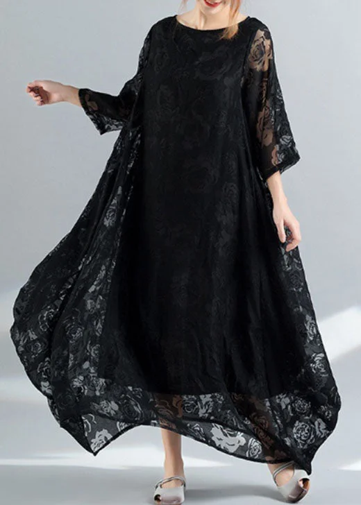 Bohemian Black O-Neck Embroideried Lace Long Dress Bracelet Sleeve Lace Dress Lookbook