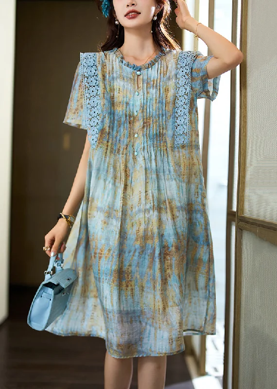 Sky Blue Lace Patchwork Chiffon Dress Wrinkled Summer Boho Lace Dress