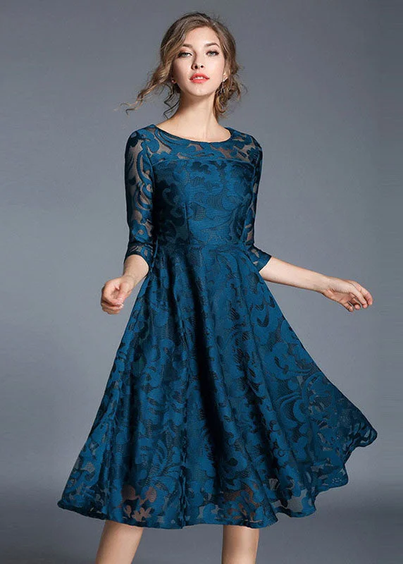 Women Blue Jacquard Wrinkled Patchwork Lace Mid Dress Summer Lace High Neck Dress