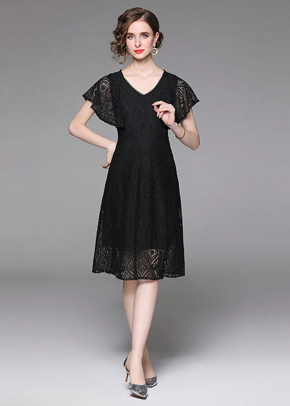 Fashion Black V Neck Hollow Out Patchwork Lace Mid Dress Butterfly Sleeve Lace Evening Gown