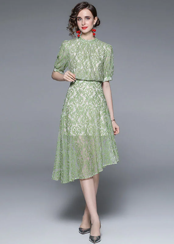 Fashion Green Jacquard Asymmetrical Patchwork Lace Mid Dress Summer Light Lace Dress