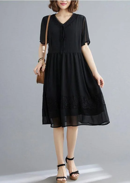 Casual Black Patchwork Lace V Neck Mid Dress Summer Chiffon Dress Elegant Lace Design