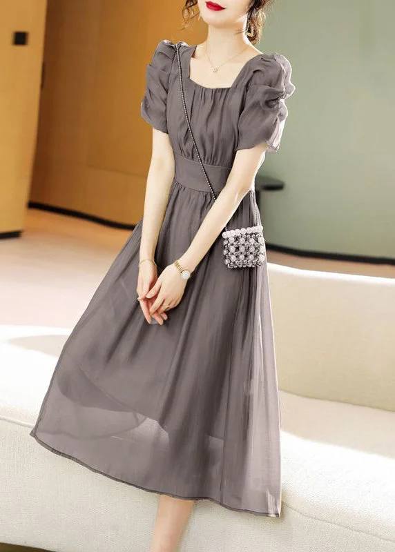 New Grey Lace Up Patchwork Chiffon Dress Short Sleeve Lace Dress Lace