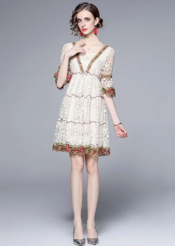 Style White Ruffled Embroideried Patchwork Lace Mid Dress Summer Lace Dress Day