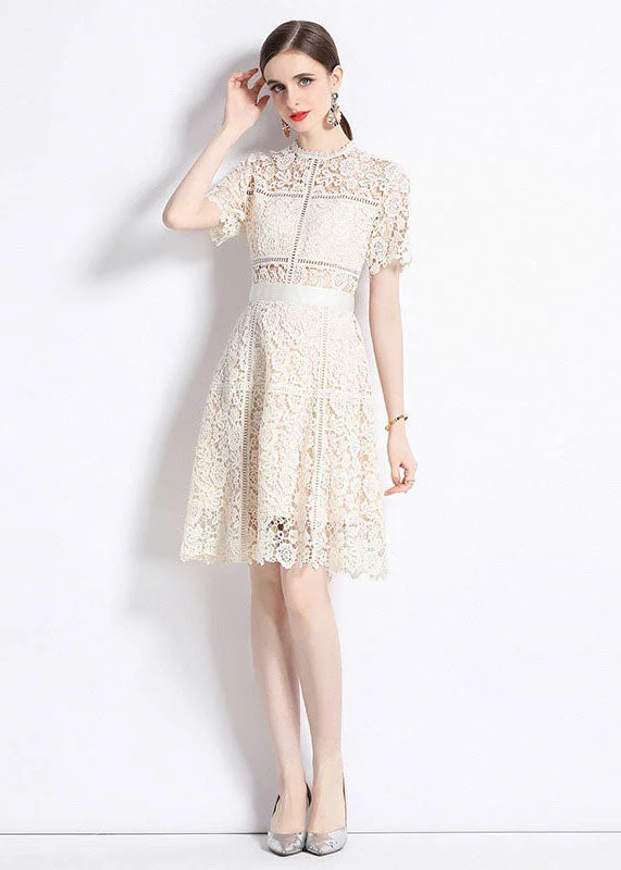 Chic Apricot Embroideried Hollow Out Patchwork Lace Mid Dress Summer Simple Lace Gown