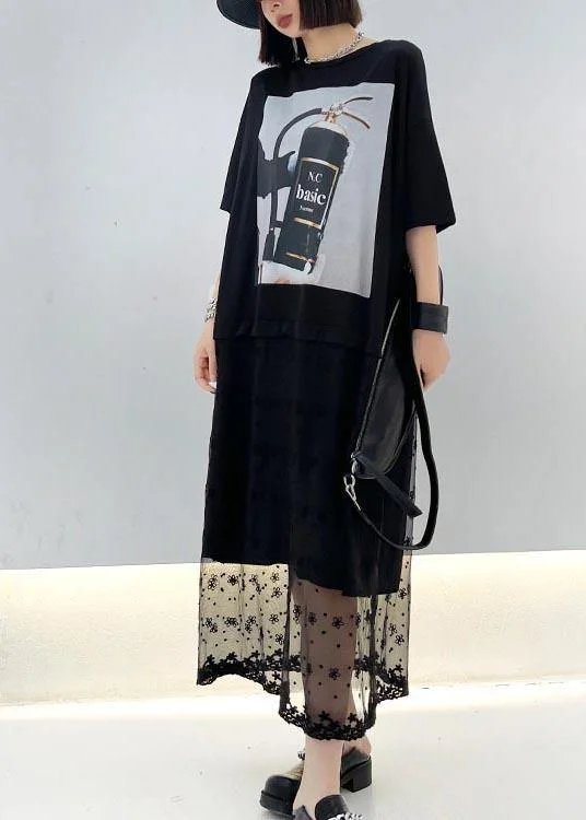 Comfy Black Print Patchwork Lace Maxi Dresses Summer Lace Dress Trend