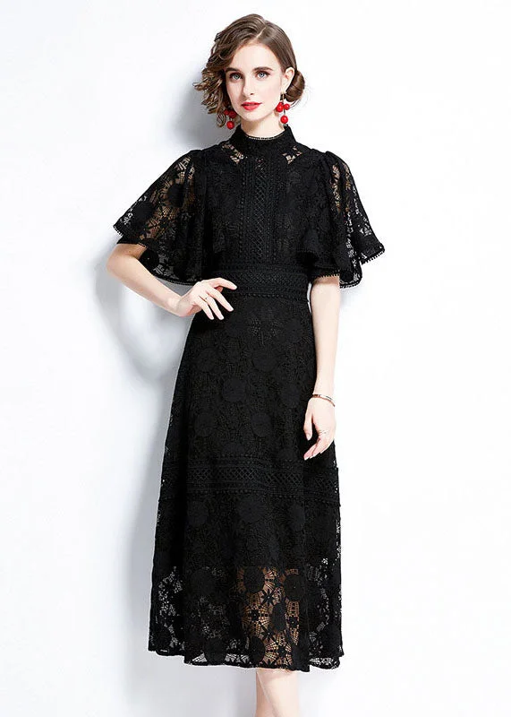 Fashion Black Hollow Out Patchwork Lace Dress Butterfly Sleeve Lace Dress Appeal