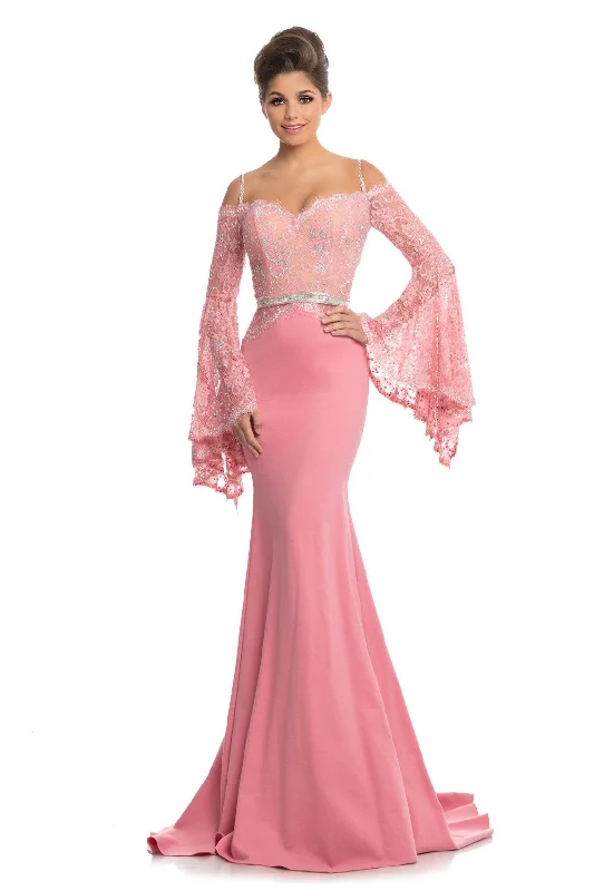 Johnathan Kayne 7244 Size 2 Pink Lace Bell Sleeve Off Shoulder Prom Dress Pageant Gown Embellished Lace Dress Shine