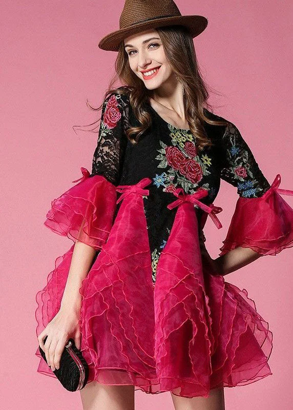 Handmade Rose Embroideried Organza Patchwork Lace Dress Summer Layered Lace Dress