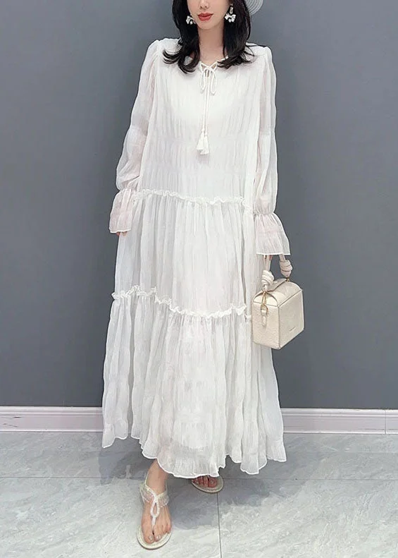 White Patchwork Chiffon Long Dress Ruffled Lace Up Summer Sheer Lace Dress