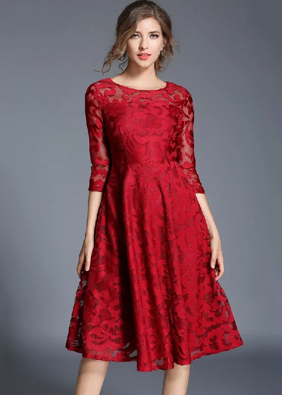 Red Patchwork Loose Lace Dresses O Neck Bracelet Sleeve Off-the-shoulder Lace