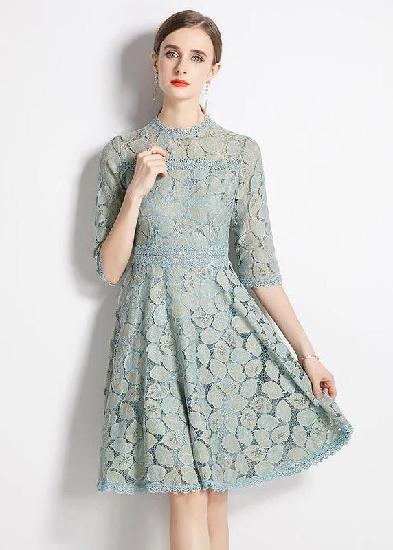 Slim Fit Light Blue Embroideried Patchwork Lace Dress Half Sleeve Lace Bridesmaid Dress