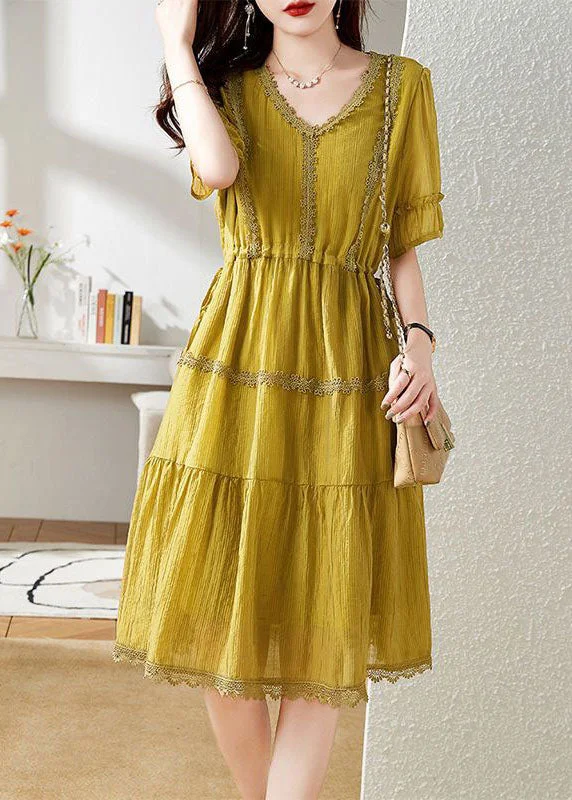 Unique Yellow V Neck Lace Patchwork Chiffon Dress Summer Floral Lace Dress