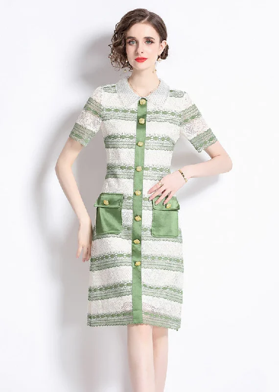 New Green Hollow Out Embroideried Patchwork Lace Mid Dress Summer Lace Dress with Belt