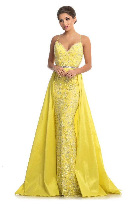 Johnathan Kayne 7242 Size 4 Canary Yellow Lace V Neck Pageant Gown Prom Dress OverSkirt Casual Lace Dress