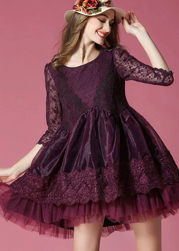 Boho Dark Purple Embroideried Lace Patchwork Organza Mini Dresses Summer Lace Dress Deep V