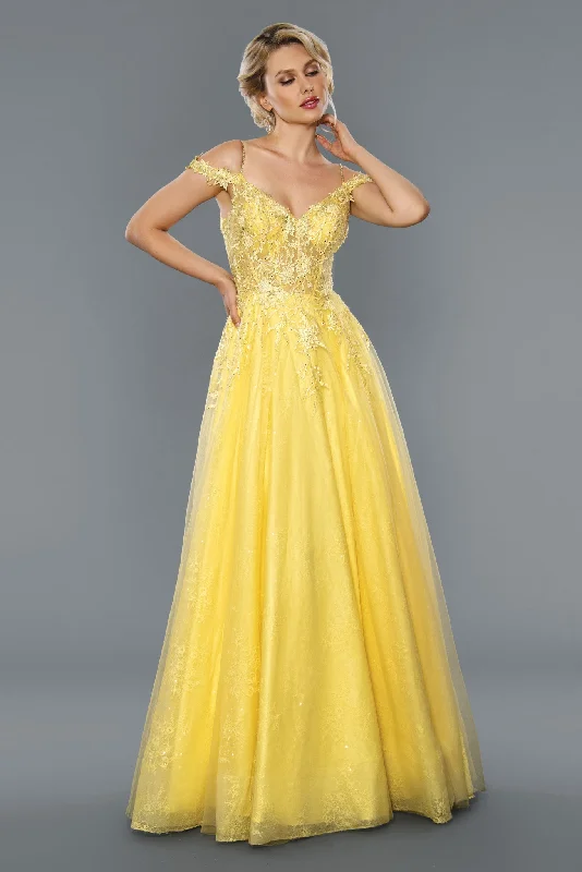 Stella Couture 21038 Size 10 Yellow Long Lace A Line formal Dress Bridal Prom Pageant Sheer Corset Lace Dress Design