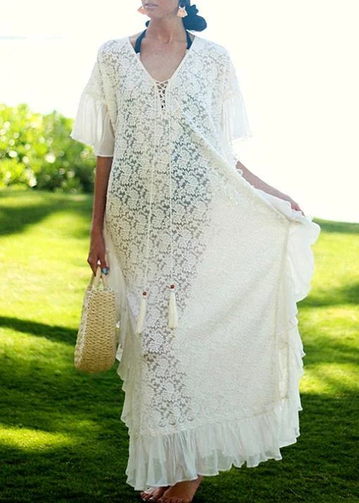 Fine White Patchwork Chiffon kimono Robe Lace Dress Lace Dress Chic