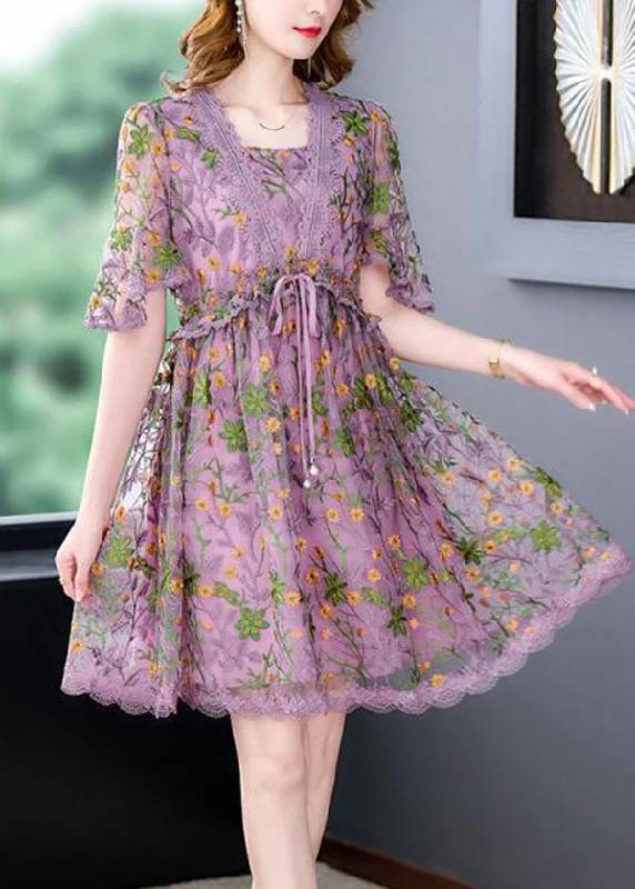 Style Purple Embroideried Lace Up Lace Maxi Dresses Summer Vintage Lace Gown