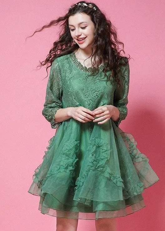 DIY Green Ruffled Patchwork Organza Lace Short Dress Bracelet Sleeve Sexy Lace Dress