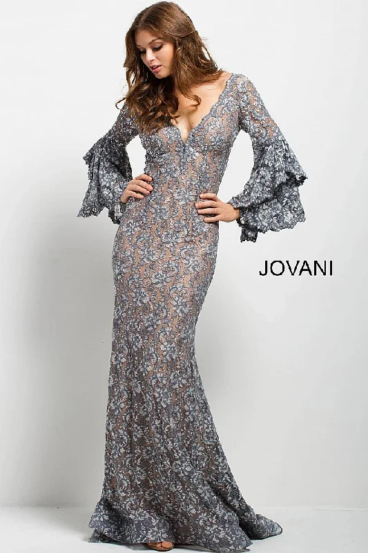 Jovani 57048 Size 6 Navy long bell sleeves evening gown embellished lace mermaid prom dress Blue Lace Dress