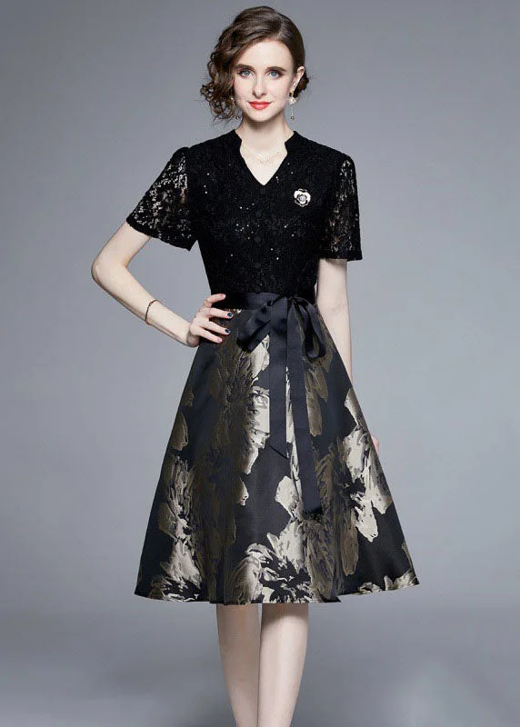 Elegant Black Lace Jacquard Patchwork Tie Waist Silk Mid Dress Summer Ruffled Lace Gown