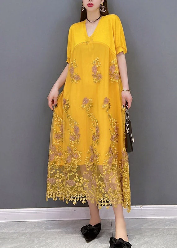 Italian Yellow V Neck Embroideried Patchwork Tassel Lace Dress Short Sleeve Vintage Lace Dress